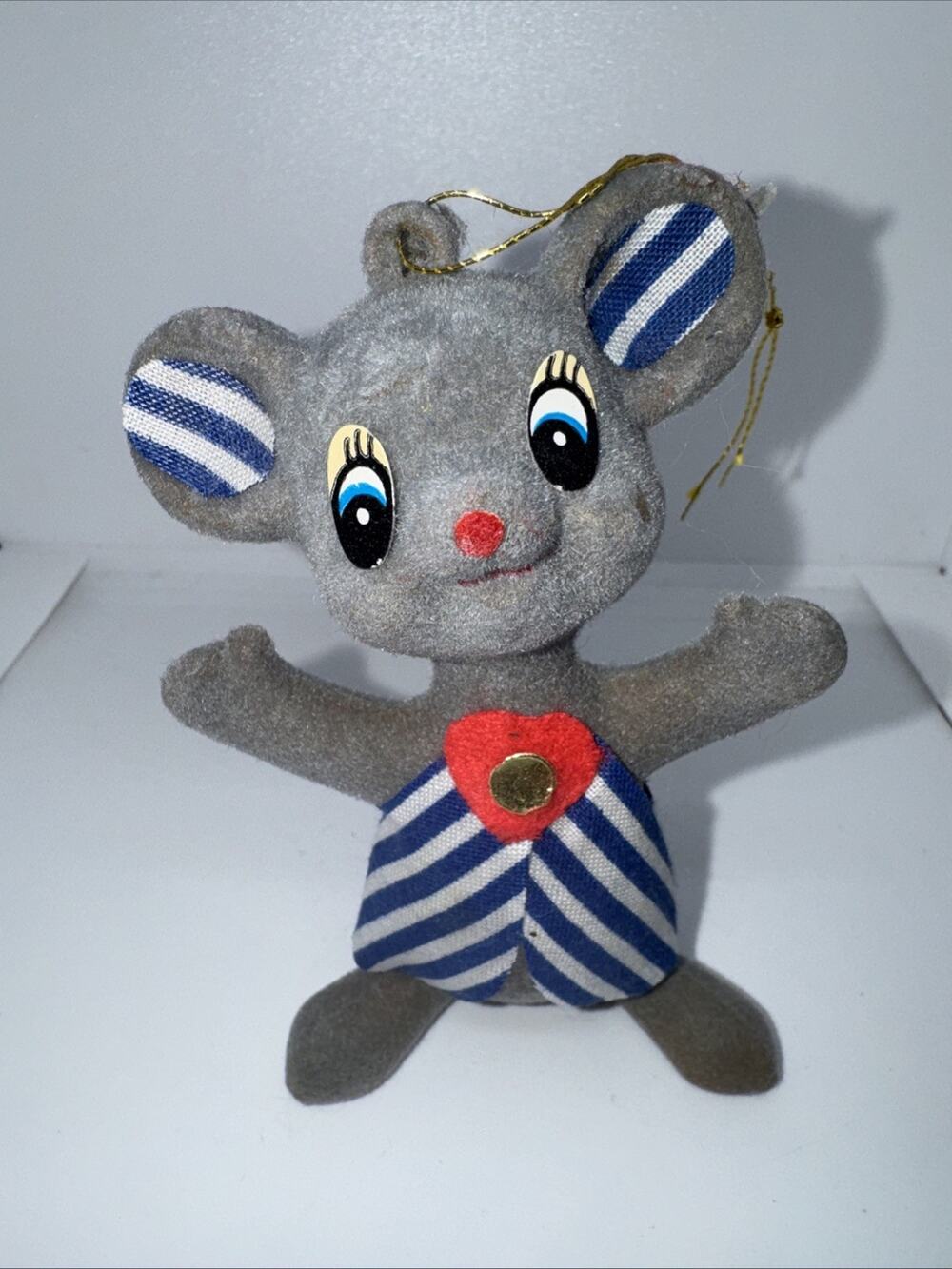 Vtg Flocked Mouse Christmas Ornament Blue White Striped Felt Retro Kitsch - READ